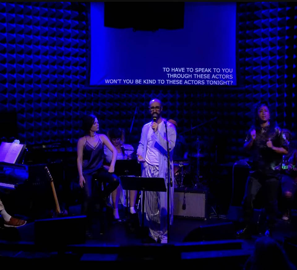 Four images of the performers, with the words, "couldn't you use that to go viral or something" auto generated on one and "where sick people like me would be essentially Uninvited from" on another